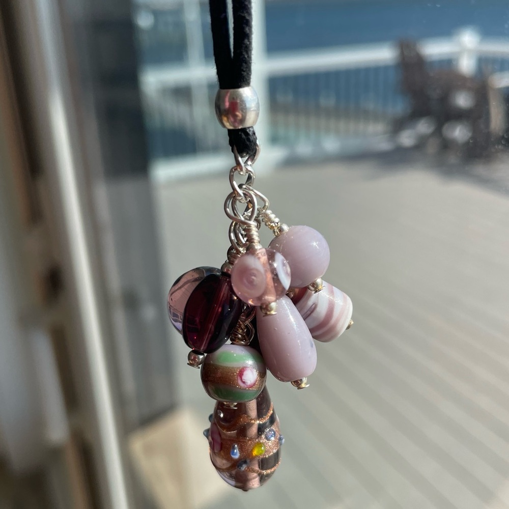 Handmade Purple Glass Beaded Grape Necklace Pendant on 18” Black Cord